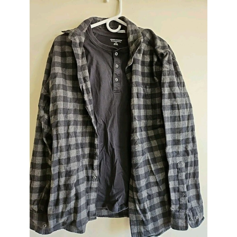Amazon Essentials Flannel Button Shirt w/Long Sleeve, Men's L, Black 100% Cotton